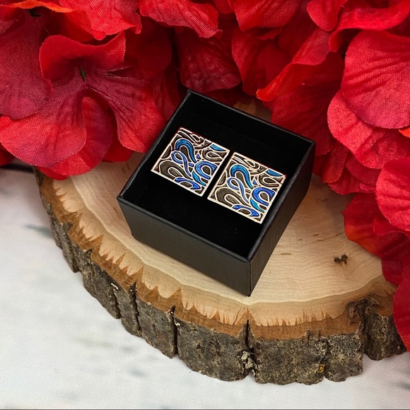 Black Blue and Silver Abstract Swirls Cufflinks - Picture 11 of 13